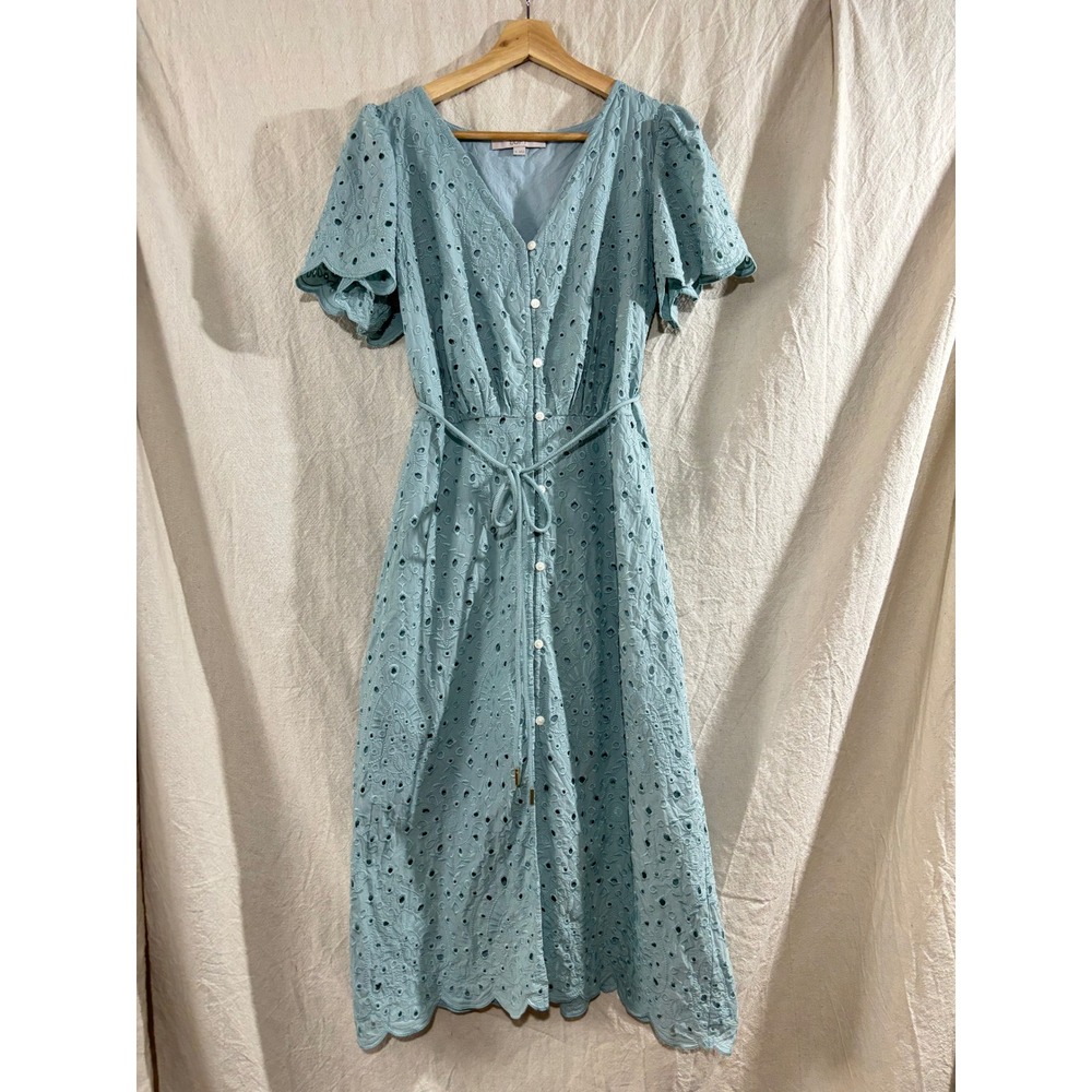 LOFT Light Blue Eyelet Button Front Midi Dress Short Flutter Sleeve Scallop M